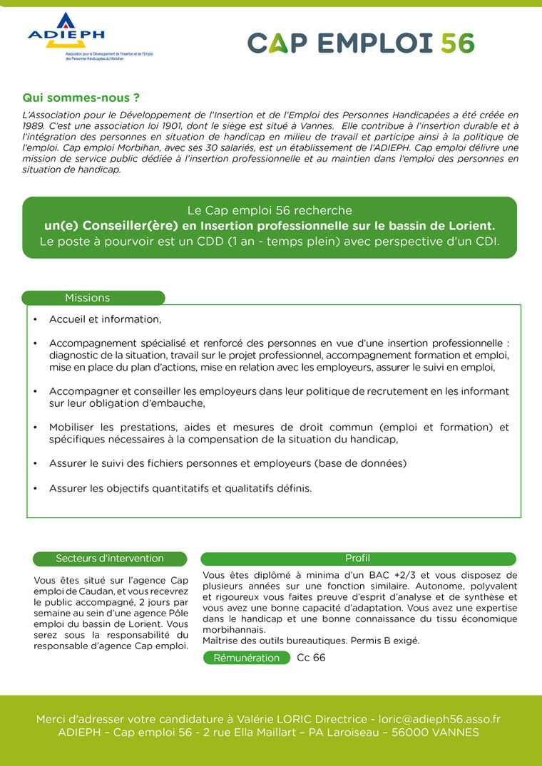 Cap emploi recrute, rejoigneznous ! Cap emploi 56